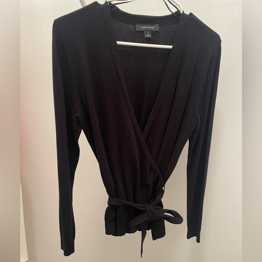 Ann Taylor Black Faux Wrap Knit Sweater